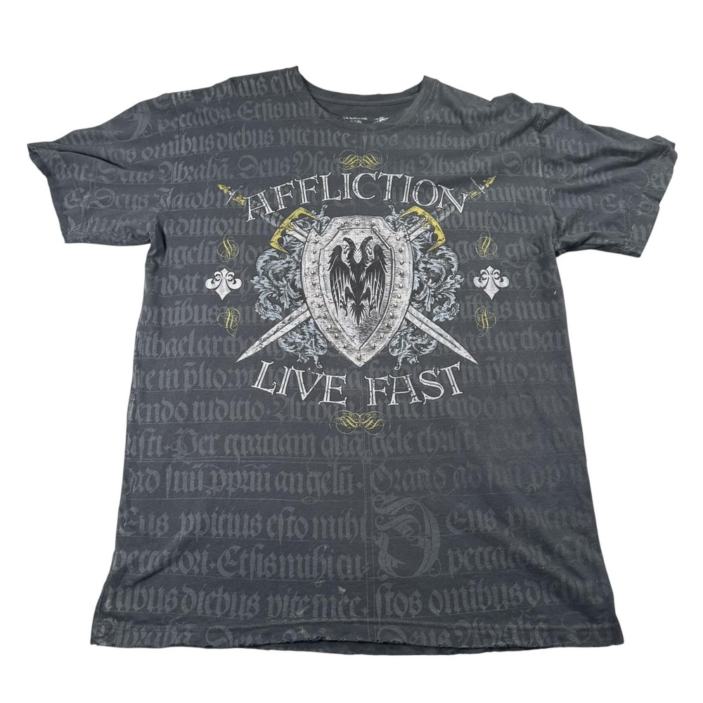 Affliction T-Shirt Mens 2XL Black Live Fast All Over Print Shield Swords Studded
